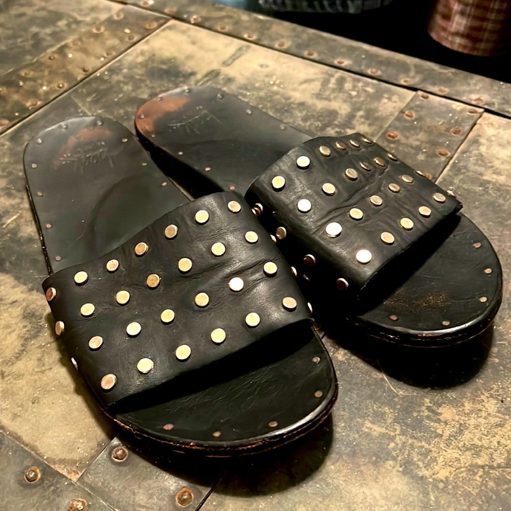 beek Black Leather Studded Slide Sandals